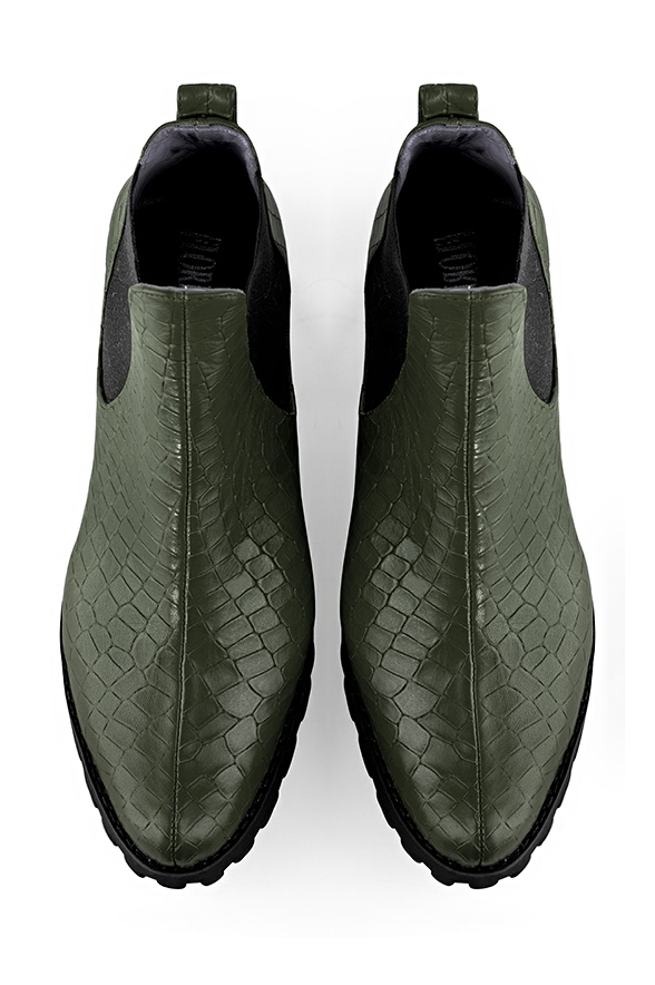 Forest green and matt black women's ankle boots, with elastics. Round toe. Low rubber soles. Top view - Florence KOOIJMAN